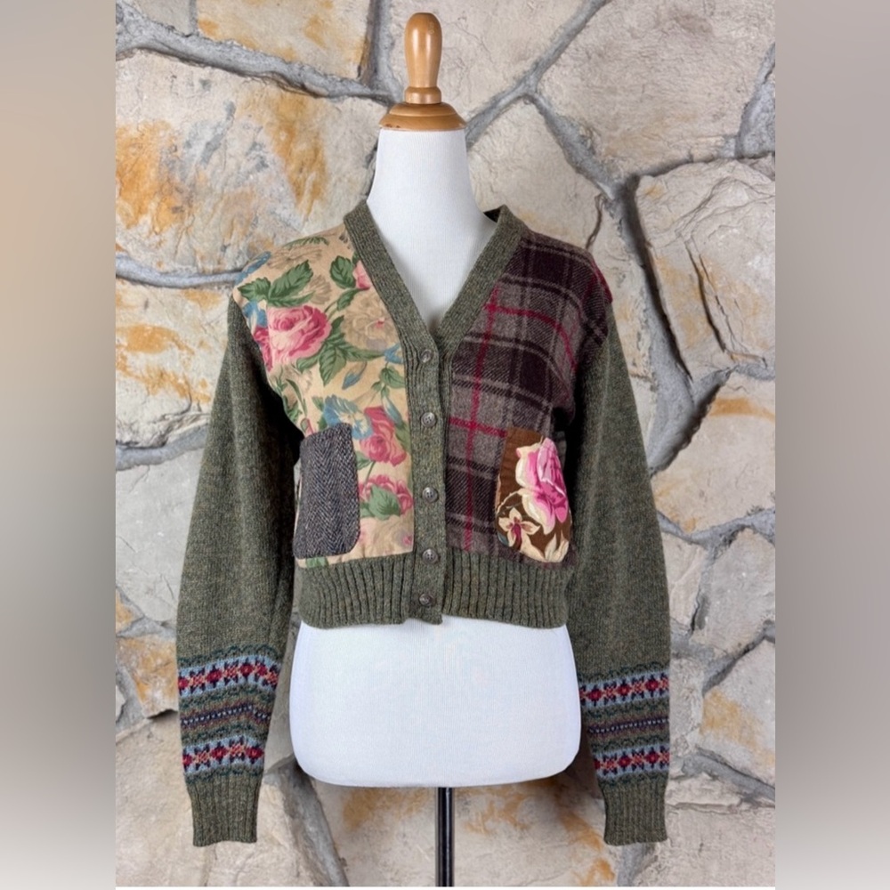Vintage Ralph Lauren Blue Label 1980s Patchwork Cardigan Sweater. Juniper